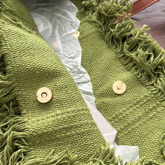 Green Fringed Tote Bag with Brown Handles - Picture 6 of 6